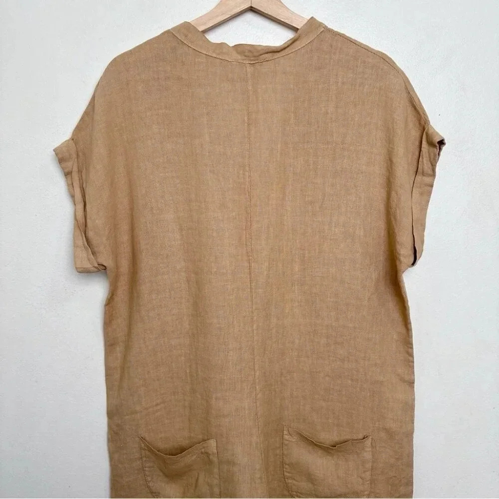 Made  In Italy Womens Medium Linen Vneck Button Tan Romper - Picture 11 of 13